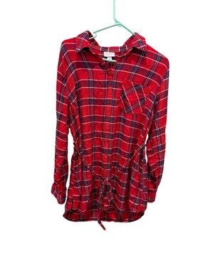 Isabel Maternity Red Plaid Button-Up Tunic Shirt Size Medium
